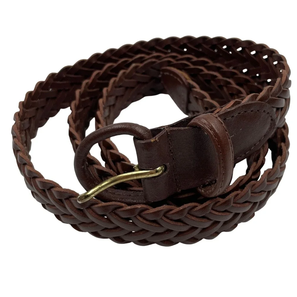 Mens Dark Brown Braided Leather Belt Gold Buckle Woven Casual Size 44/46 48 Inch